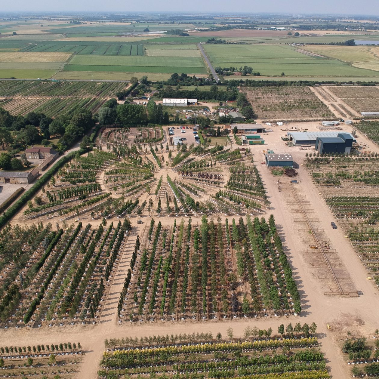 The tree nursery at Barcham Trees showing the circular display area